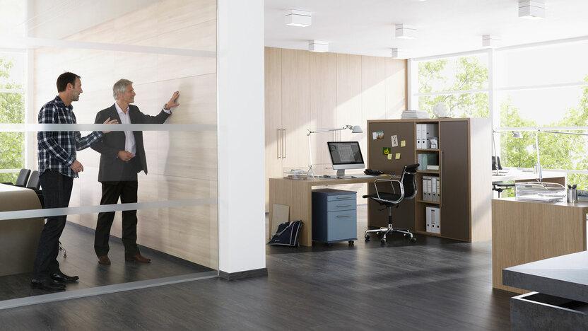 Impression eines Büros mit abgeschlossenem Raum. Impression eines Büros mit abgeschlossenem Raum mit Glaswand und offener Bürogestaltung.